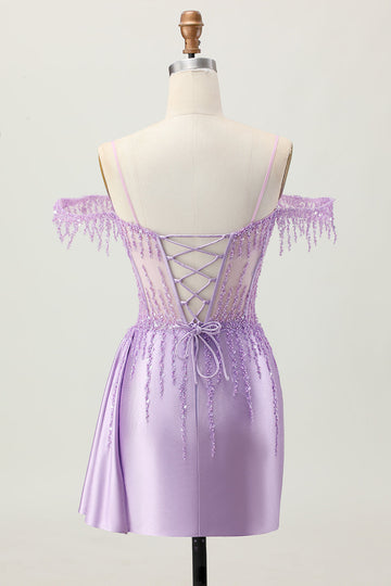 Lilac Sequins Cold Shoulder Beaded Corset Short Party Dress